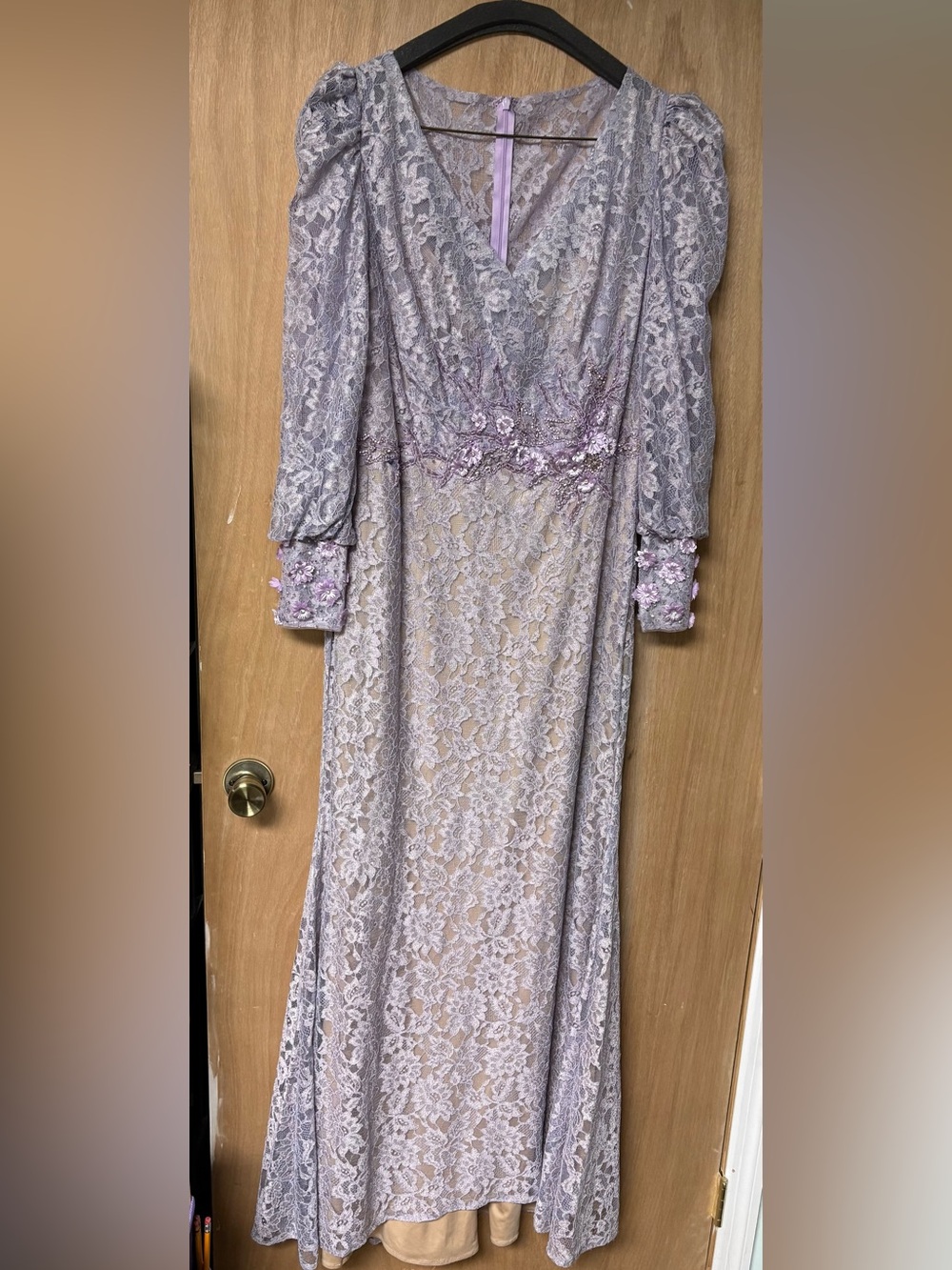 Mac Duggal Lavender Lace Long Sleeve Evening Gown